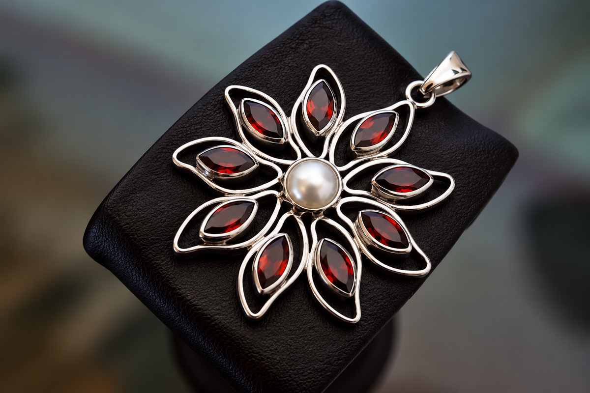 Sunburst Garnet & Pearl Pendant